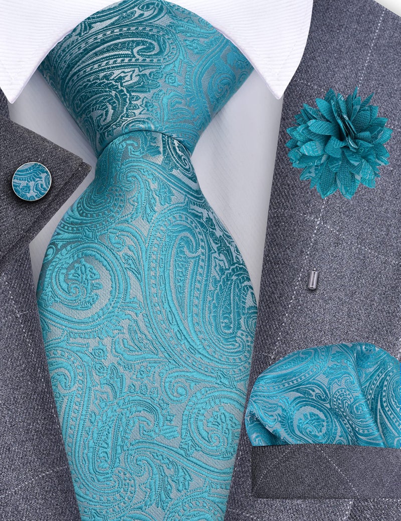 GUSLESON Mens Turquoise Blue Tie for Wedding Solid Silk Paisley Necktie Pocket Square Cufflinks and Lapel Pin Brooch Set (IN6103-24) - Image 2