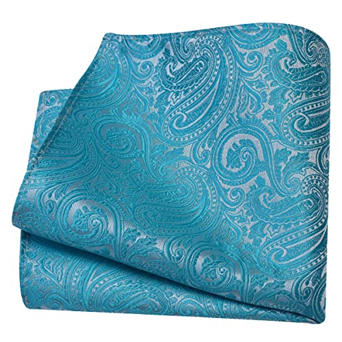 GUSLESON Mens Turquoise Blue Tie for Wedding Solid Silk Paisley Necktie Pocket Square Cufflinks and Lapel Pin Brooch Set (IN6103-24) - Image 3