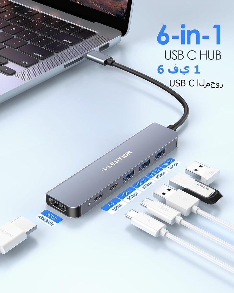 Lention USB C Hub, 6 in 1 USB C to USB Adapter, USB C Multiport Dongle with 4K HDMI, USB C Data Port, USB 3.0, 100W PD Compatible New MacBook Pro/Mac Air, More Type C Devices (CB-CE35s, Space Gray) - Image 2