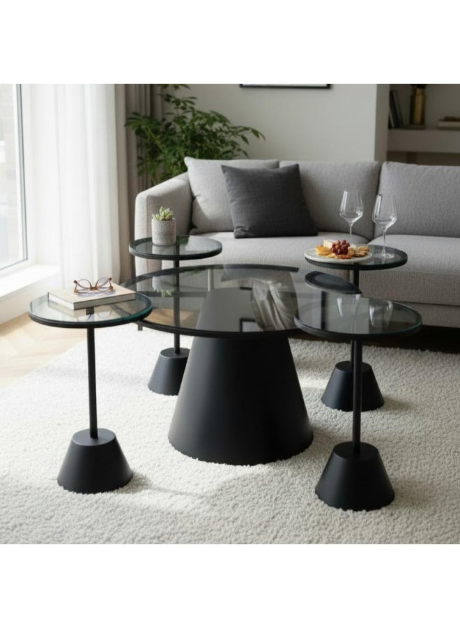A set of 5 hospitality tables, glass top, iron legs