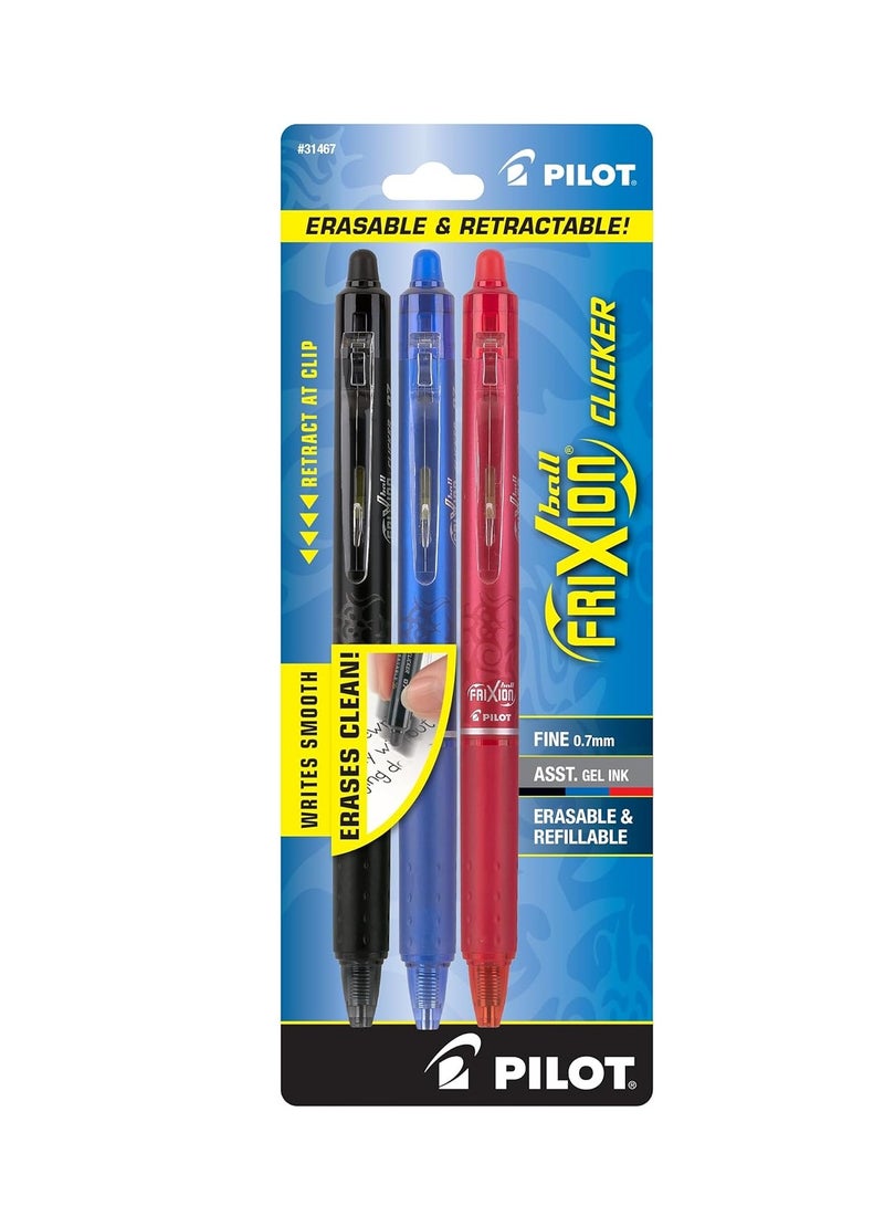 PILOT FriXion Clicker Erasable, Refillable & Retractable Gel Ink Pens, Fine Point, Black/Blue/Red Inks, 3-Pack (31467)