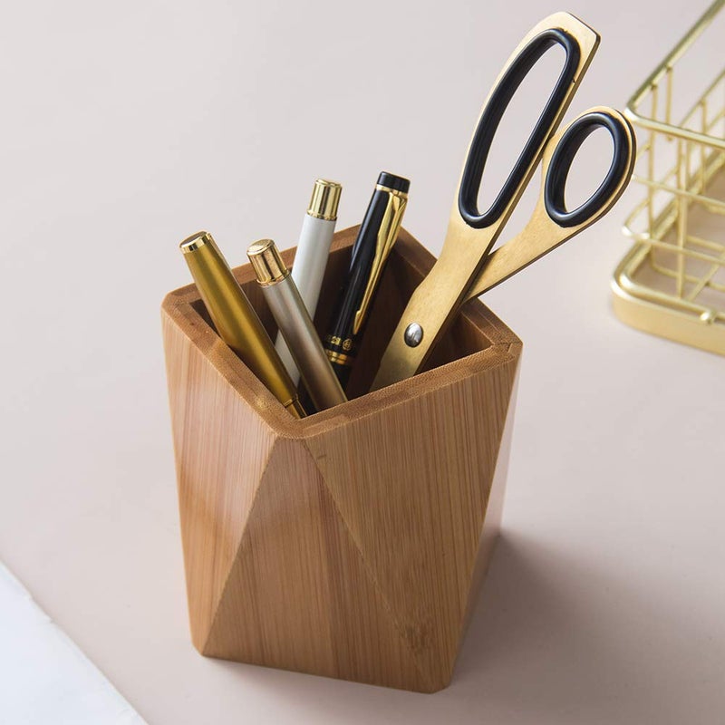 YOSCO Bamboo Wood Pen Holder Stand for Desk Geometric Pencil Cup Pot Cute Desktop Office Supplies, Makeup Brushes Organizer (Bamboo) - Image 4