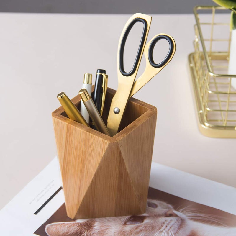 YOSCO Bamboo Wood Pen Holder Stand for Desk Geometric Pencil Cup Pot Cute Desktop Office Supplies, Makeup Brushes Organizer (Bamboo) - Image 5