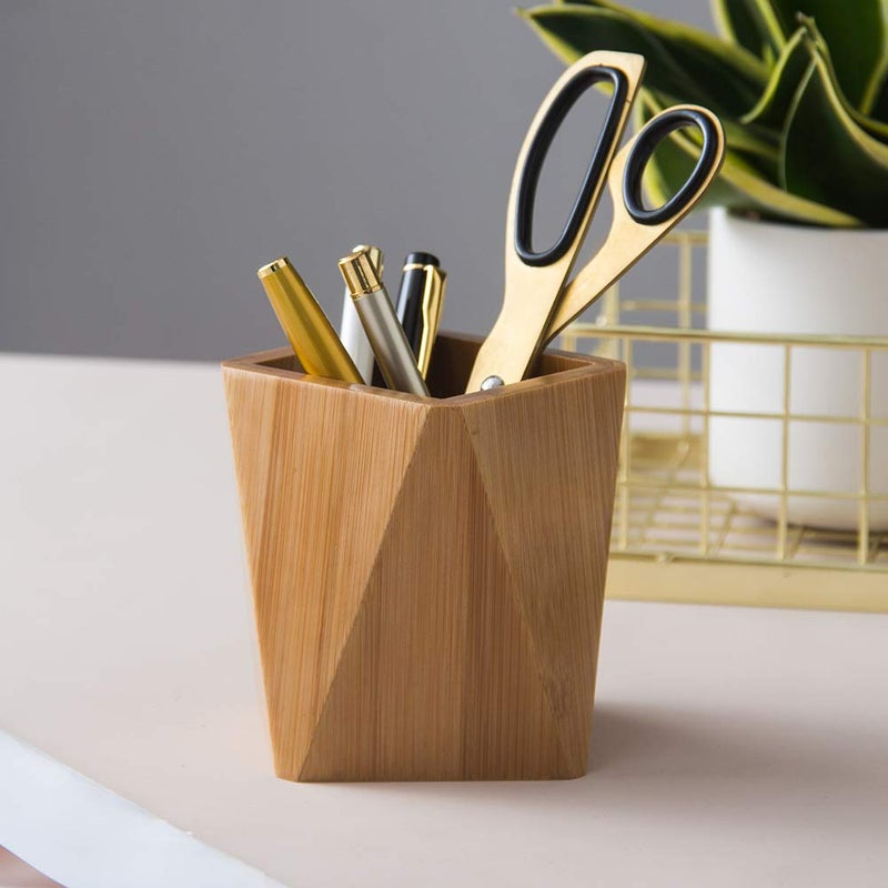 YOSCO Bamboo Wood Pen Holder Stand for Desk Geometric Pencil Cup Pot Cute Desktop Office Supplies, Makeup Brushes Organizer (Bamboo) - Image 3