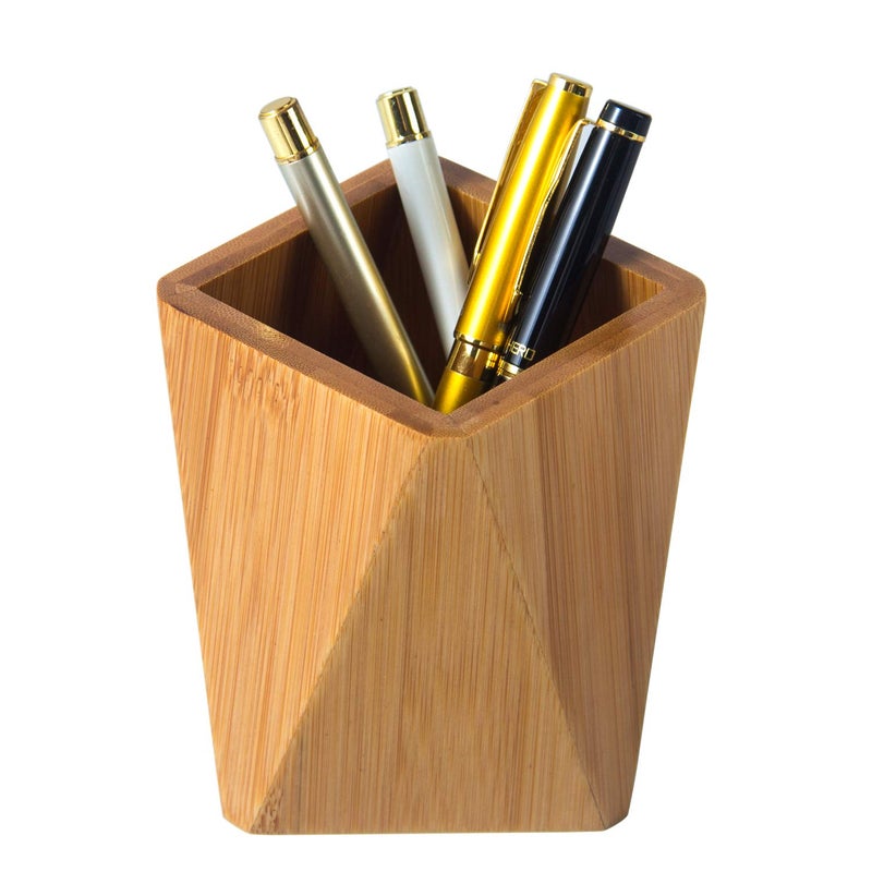 YOSCO Bamboo Wood Pen Holder Stand for Desk Geometric Pencil Cup Pot Cute Desktop Office Supplies, Makeup Brushes Organizer (Bamboo) - Image 1