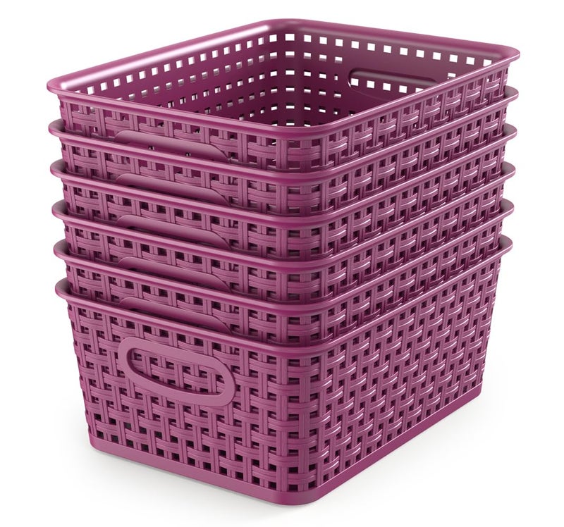 WYT 6Pack Plastic Small Shelf Storage Weave Baskets Organizing for Cabinets and Pantries Deep Purple