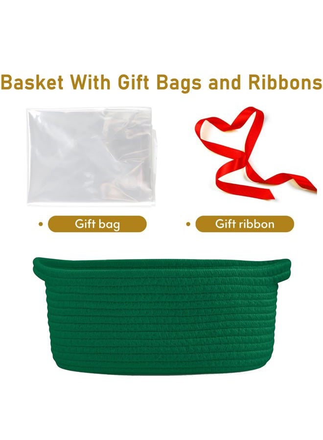 Poschnor Gift Basket Empty with Gift Bags and Ribbons, Basket for gifts, 12"X 8" X 5" Small Woven Rope Basket, Toy Basket for Baby and Pet, Green - Image 2