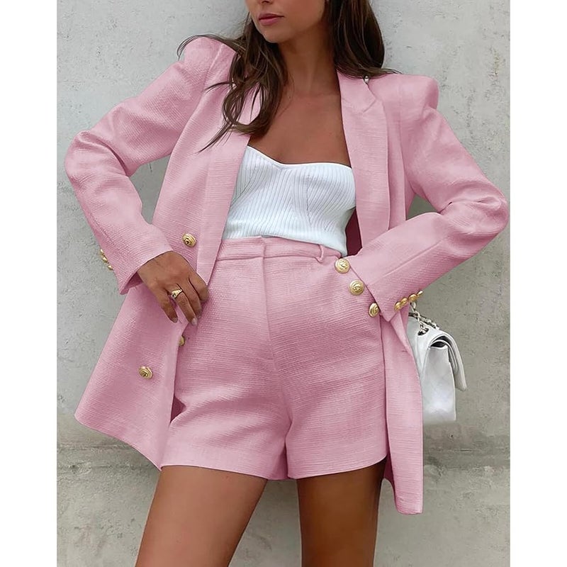 Cicy Bell Womens 2 Piece Tweed Blazer Shorts Sets Long Sleeve Double Breasted Suit Jackets Business Outfit - Image 3