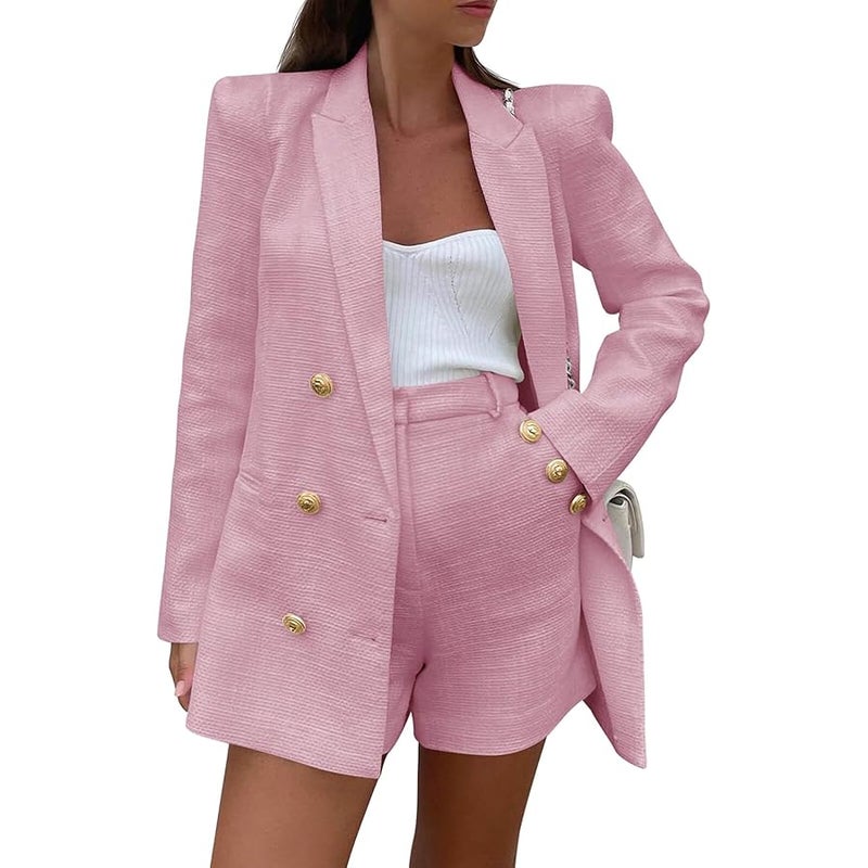 Cicy Bell Womens 2 Piece Tweed Blazer Shorts Sets Long Sleeve Double Breasted Suit Jackets Business Outfit - Image 1