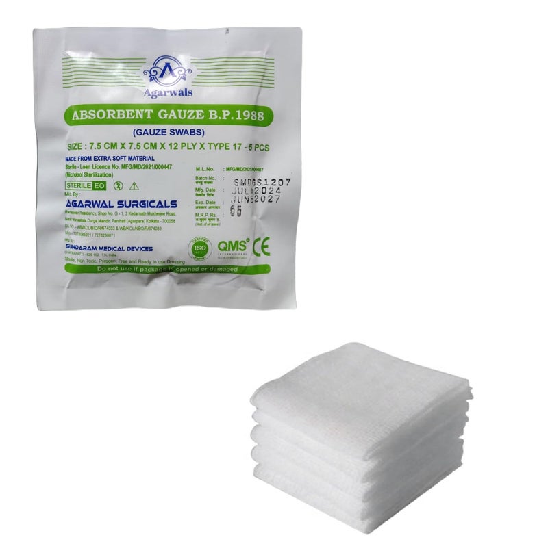 Agarwals Absorbent Gauze Swabs Sterile 7.5 cm X 7.5 cm X 12 ply (5Pcs/Pack) (Pack of 20 i.e. 100 Dressings) - Image 2
