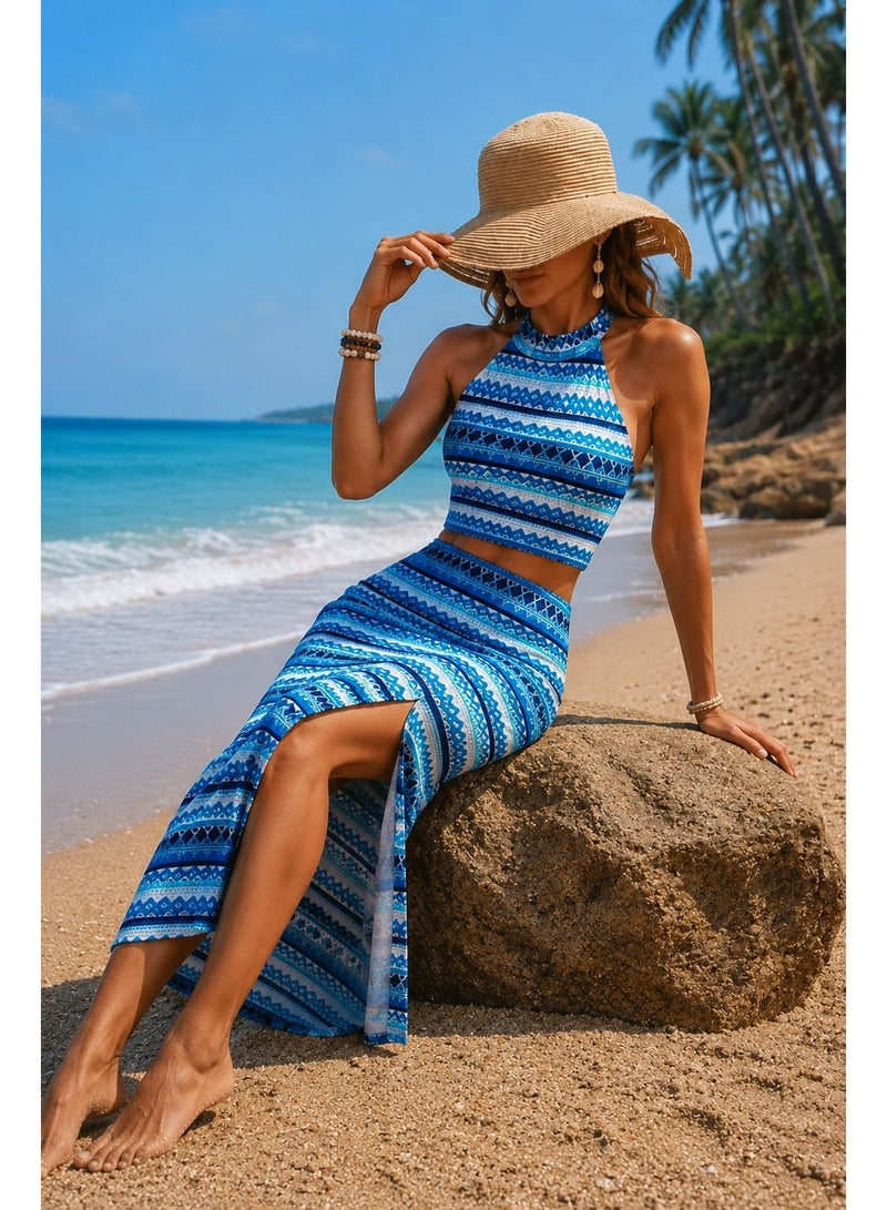 Women Two Piece Summer Set Halter Crop Top and Midi Skirt Blue Print Code 3504 - Image 2