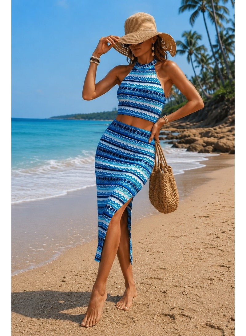 Women Two Piece Summer Set Halter Crop Top and Midi Skirt Blue Print Code 3504 - Image 1