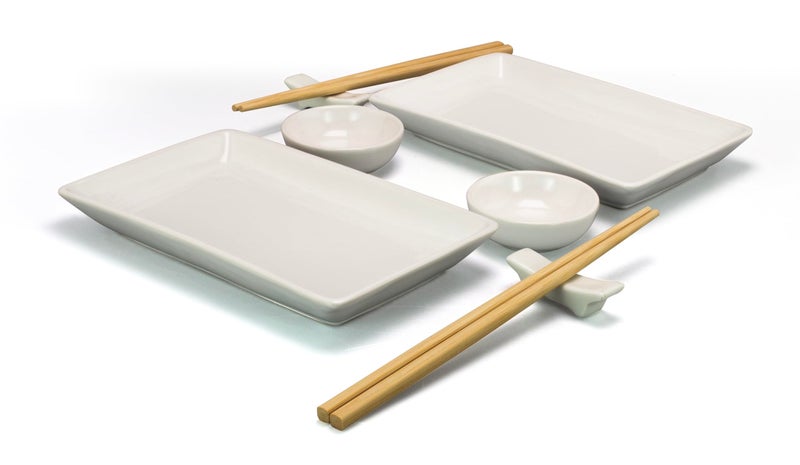 ZENVY Ceramic Sushi Plate Set - 8 Piece Japanese Style Dinnerware Set with 2 Rectangular Plates, 2 Dipping Dishes, 2 Pairs of Chopsticks & Stands - Image 5