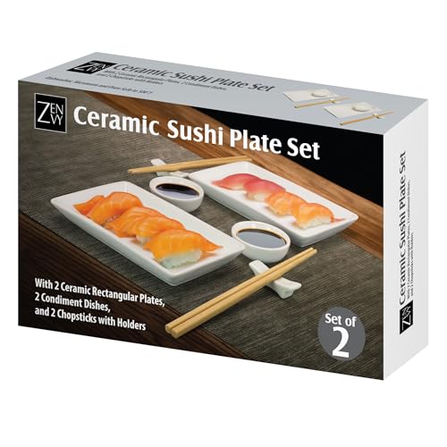 ZENVY Ceramic Sushi Plate Set - 8 Piece Japanese Style Dinnerware Set with 2 Rectangular Plates, 2 Dipping Dishes, 2 Pairs of Chopsticks & Stands - Image 2