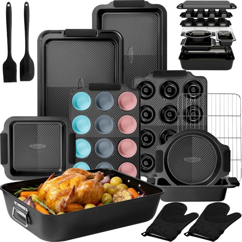 Kikcoin 25 PCS Stackable Baking Pans Set, Non-stick Bakeware Sets with Silicone Handles, 450Â°F Oven Safe Cookie Sheets for Baking, Easy Release Heavy-duty Baking Sheets Non Stick, Black - Image 1