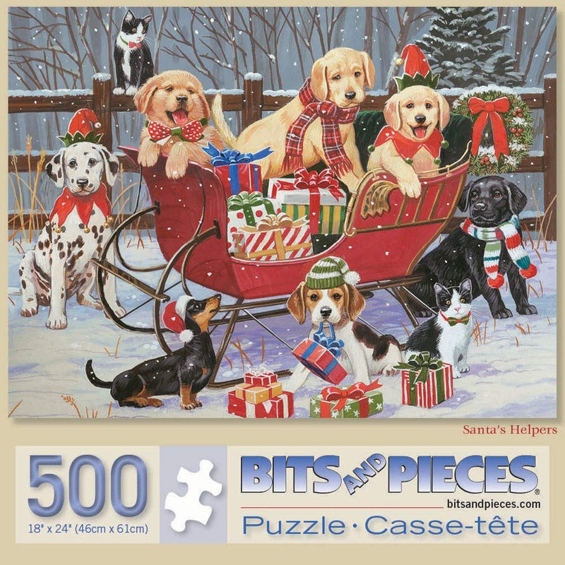 Bits and Pieces 500 Piece Jigsaw Puzzle for Adults Santas Helpers Puppies Christmas Sleigh Jigsaw Puzzle by Artist William Vanderdasson Completed Puzzle Size 18 x 24