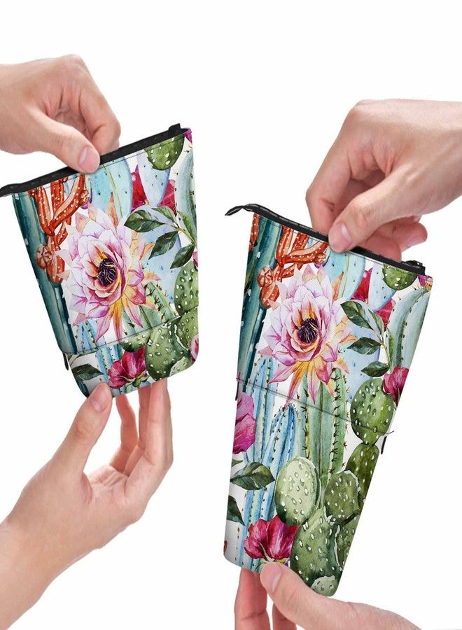 Swono Cactus Floral Pencil Case Bright Tropical Flowers Roses Cacti Watercolor Standing Pencil Case Pencil Holder Pencil Pouch Cosmetics Pouch Makeup Office Bag Colorful - Image 1