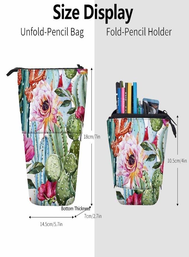 Swono Cactus Floral Pencil Case Bright Tropical Flowers Roses Cacti Watercolor Standing Pencil Case Pencil Holder Pencil Pouch Cosmetics Pouch Makeup Office Bag Colorful - Image 3
