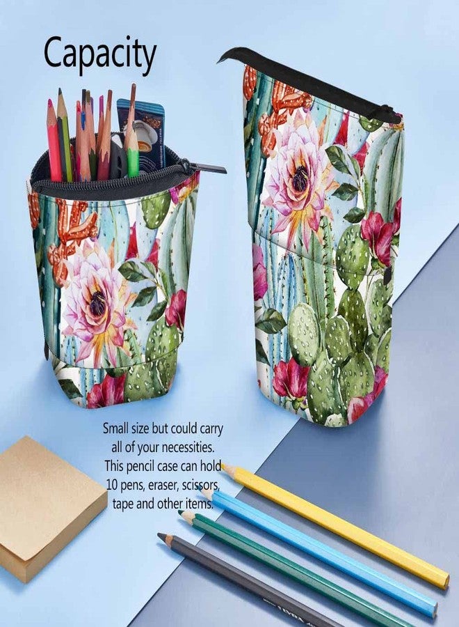 Swono Cactus Floral Pencil Case Bright Tropical Flowers Roses Cacti Watercolor Standing Pencil Case Pencil Holder Pencil Pouch Cosmetics Pouch Makeup Office Bag Colorful - Image 4