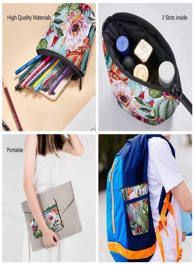 Swono Cactus Floral Pencil Case Bright Tropical Flowers Roses Cacti Watercolor Standing Pencil Case Pencil Holder Pencil Pouch Cosmetics Pouch Makeup Office Bag Colorful - Image 5