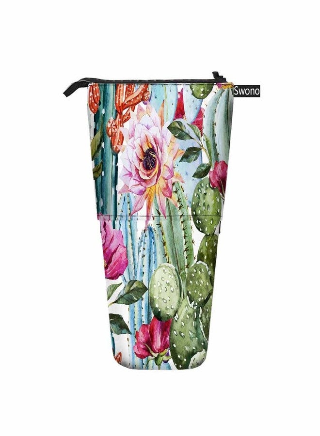 Swono Cactus Floral Pencil Case Bright Tropical Flowers Roses Cacti Watercolor Standing Pencil Case Pencil Holder Pencil Pouch Cosmetics Pouch Makeup Office Bag Colorful - Image 2