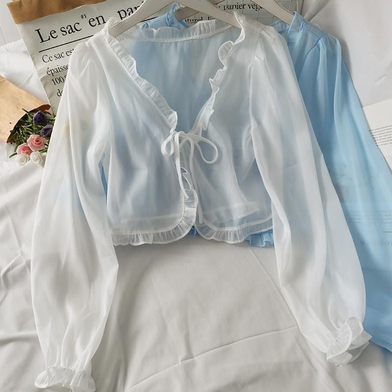 Pure Desire Style Shirt New White Off-line Collar Long-sleeved Sunscreen Shirt Womens Short Niche Design Tight Waist Top 8135 white model pays attention to priority delivery