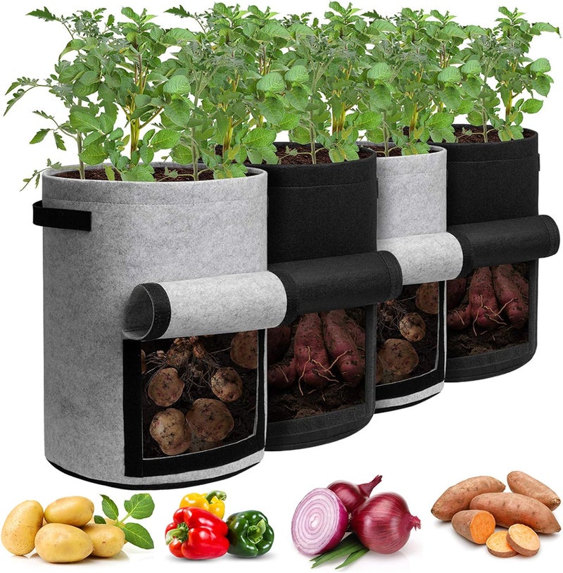 Homyhoo Potato Grow Bags with Flap 10 Gallon, 4 Pack Planter Pot with Handles and Harvest Window for Potato Tomato and Vegetables, Black and Gray - Image 1