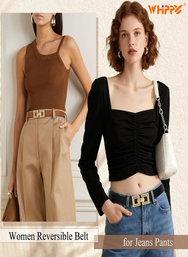 ويبي حزام جلدي قابل للعكس من WHIPPY للنساء، حزام أنيق من الجلد الصناعي مناسب للجينز والسراويل والفساتين، مزود بإبزيم ذهبي، عبوة واحدة، ذهبي، أسود/بني، مقاس متوسط - Image 3