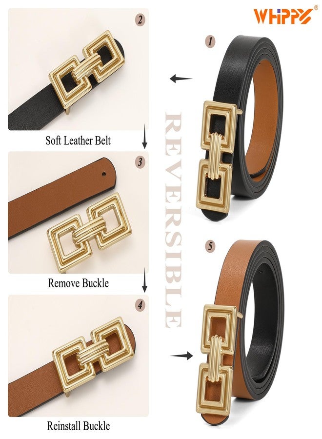 ويبي حزام جلدي قابل للعكس من WHIPPY للنساء، حزام أنيق من الجلد الصناعي مناسب للجينز والسراويل والفساتين، مزود بإبزيم ذهبي، عبوة واحدة، ذهبي، أسود/بني، مقاس متوسط - Image 5