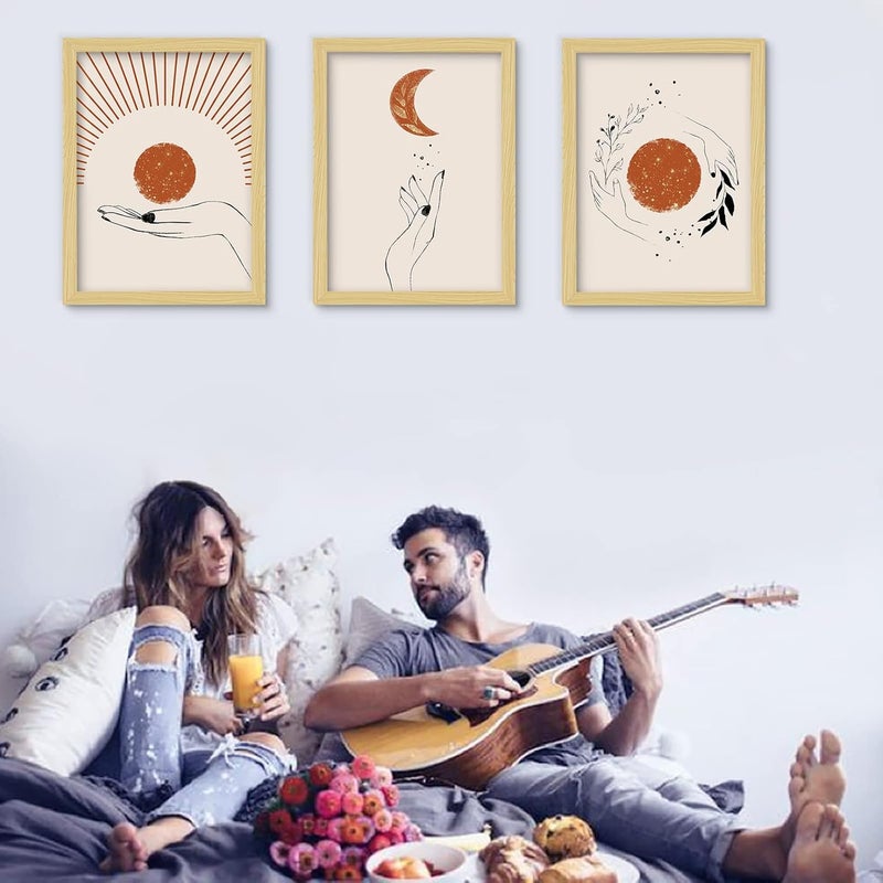 LIYAOLI Boho Wall Decor for bedroom Framed Wall Art for Living room 3 piece wall art 12 x 16 inch Boho Sun Moon Paintings for Wall Decorations Boho Art - Image 2