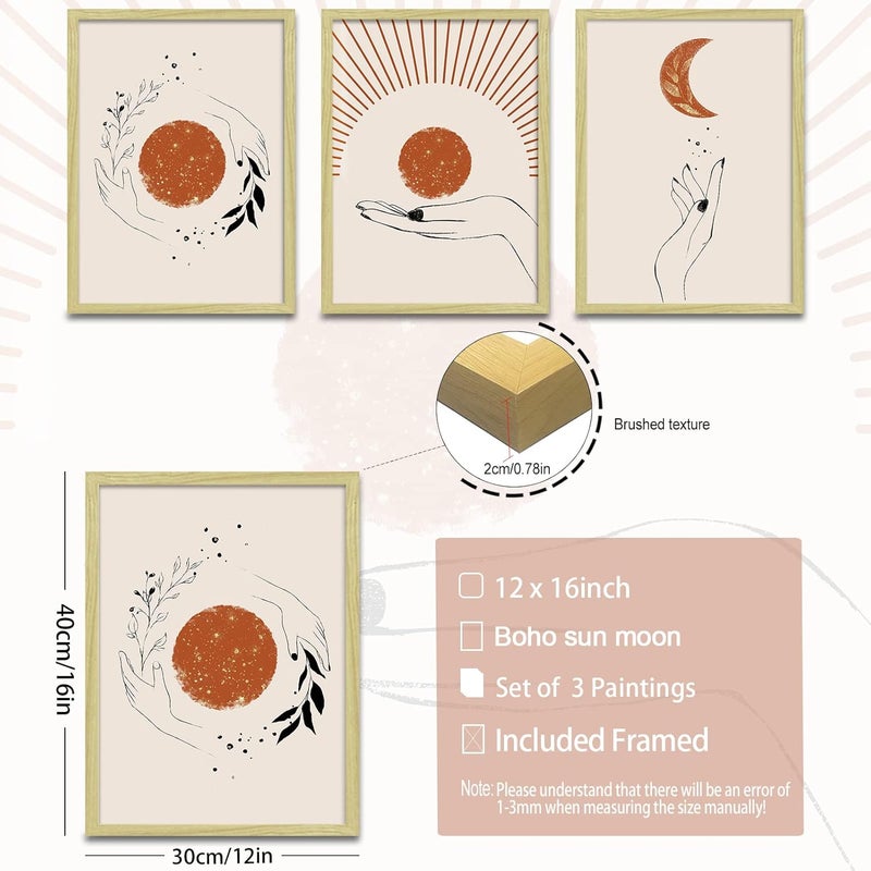 LIYAOLI Boho Wall Decor for bedroom Framed Wall Art for Living room 3 piece wall art 12 x 16 inch Boho Sun Moon Paintings for Wall Decorations Boho Art - Image 5