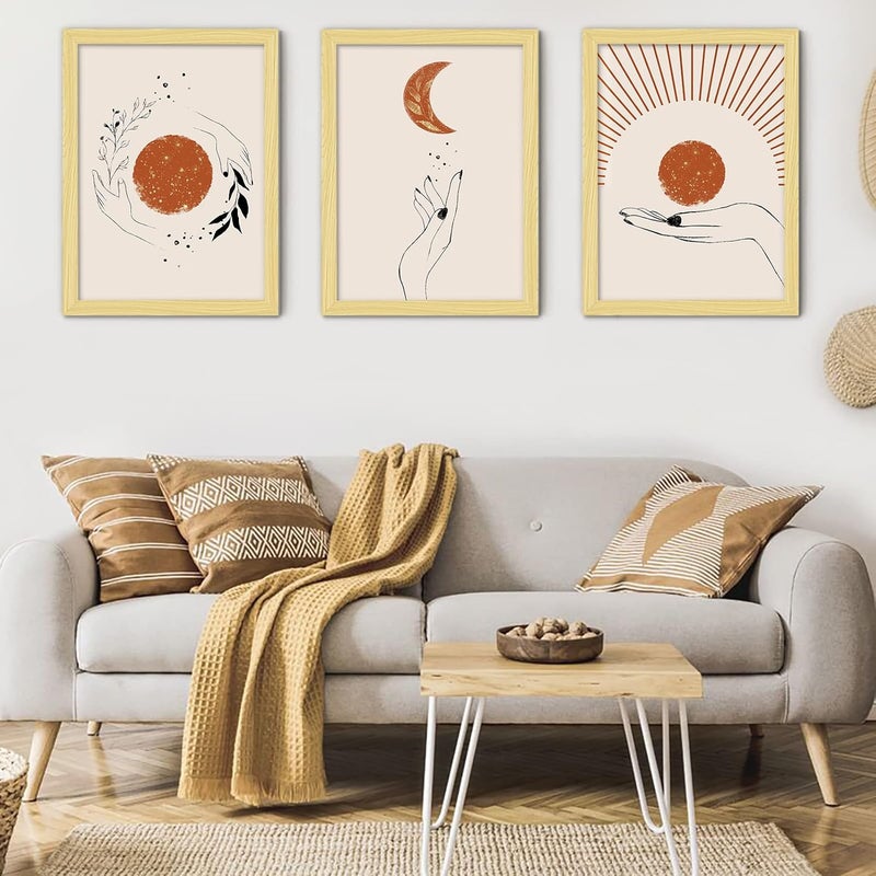 LIYAOLI Boho Wall Decor for bedroom Framed Wall Art for Living room 3 piece wall art 12 x 16 inch Boho Sun Moon Paintings for Wall Decorations Boho Art - Image 1
