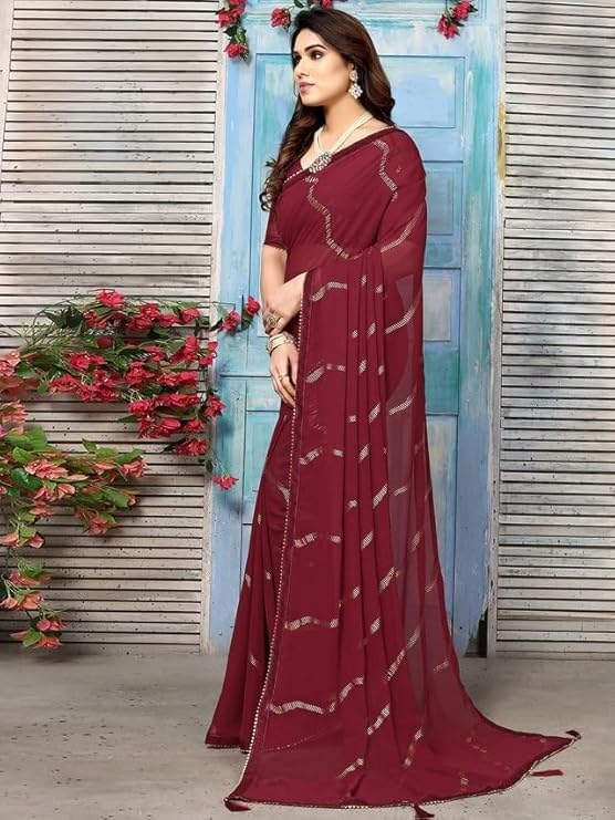 Shiv Textiles Women's Georgette Foil Printed Saree(SAT-571-MAROON) - Image 3
