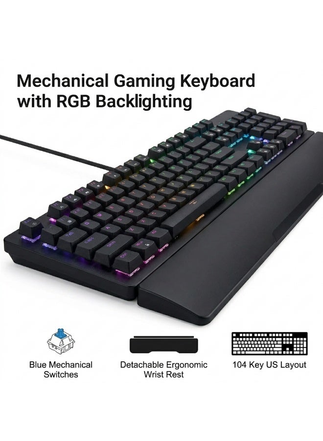 AK104 RGB Gaming Keyboard With Wrist rest – Hot Swap Blue Switch Mechanical – RGB Luminous – Durable & Detachable wrist rest – USB Wired – 104 English Layout Key | Black - Image 2