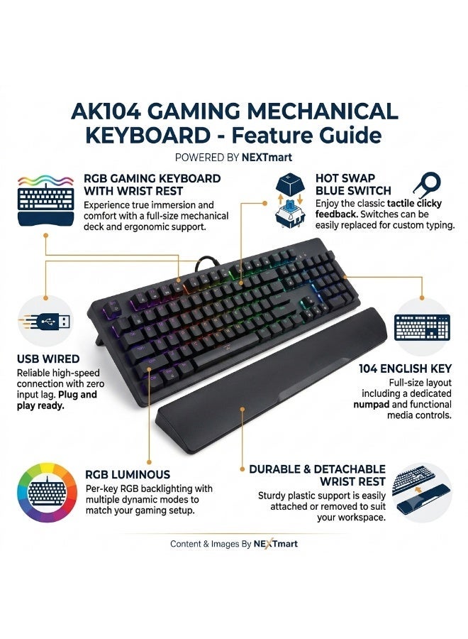 AK104 RGB Gaming Keyboard With Wrist rest – Hot Swap Blue Switch Mechanical – RGB Luminous – Durable & Detachable wrist rest – USB Wired – 104 English Layout Key | Black - Image 5