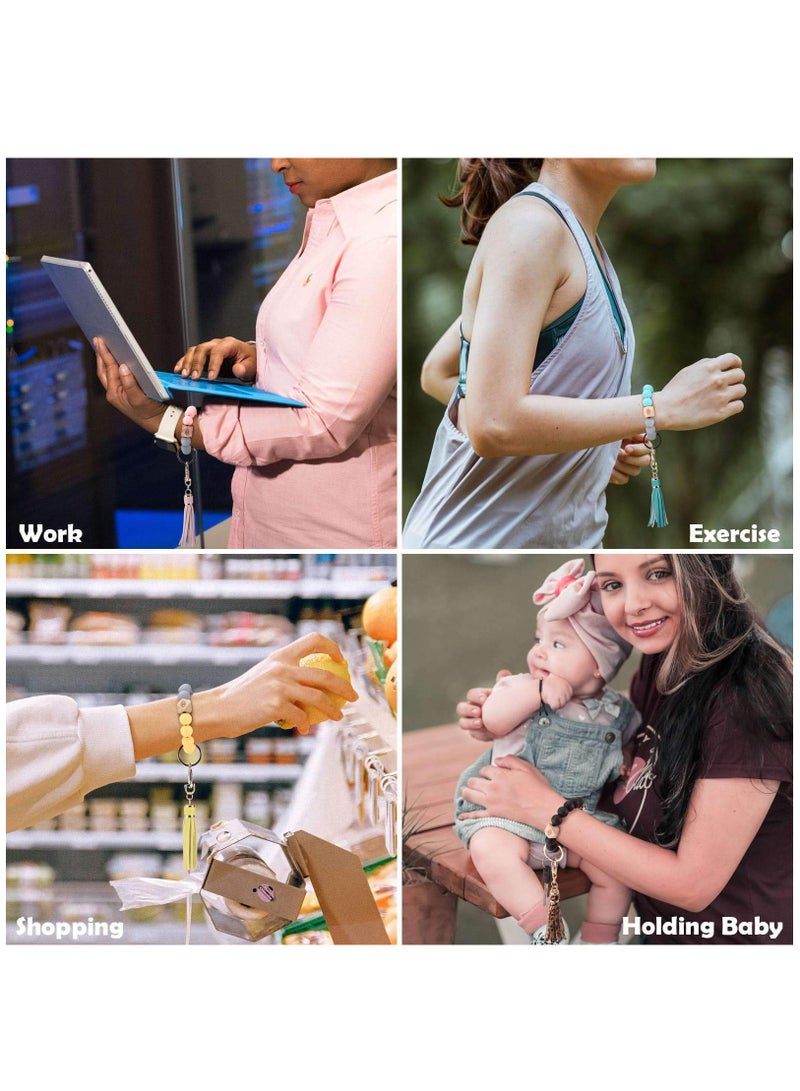 Silicone Key Ring, Key Ring Bracelet Wristlet Keychain Silicone Beaded Bangle Chains for Women with Leather Tassel - Image 4