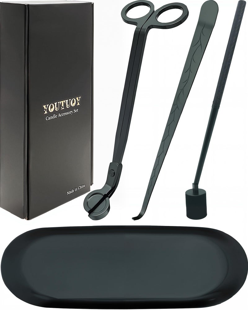 YOUTUOY 4 in1 Candle Accessory Set with Storage Tray Plate, Candle Wick Trimmer, Candle Wick Snuffer, Candle Wick Dipper, Great for Scented Candles Lovers (Matte Black) - Image 1