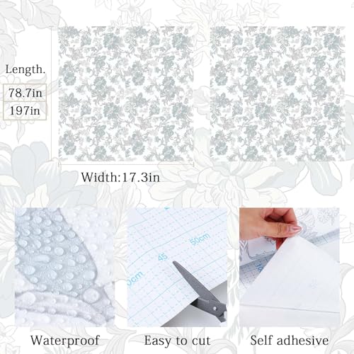GloryTik Floral Peel and Stick Wallpaper, Removable Blue Floral Contact Paper, Self Adhesive Renter Friendly Wallpaper for Bedroom Living Room Bathroom (17.3" x 78.7") - Image 5