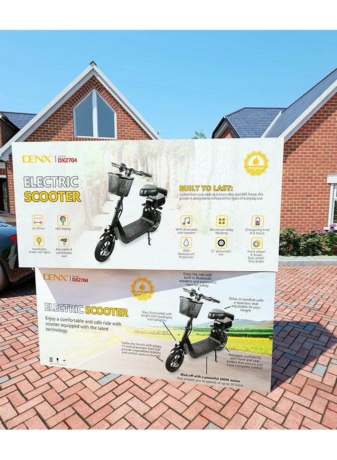 دينكس سكوتر كهربائي DX2704 بمحرك 500 واط، سرعة 30 كم/ساعة، إطارات هوائية 12 بوصة مع بلوتوث ومكبرات صوت - Image 3