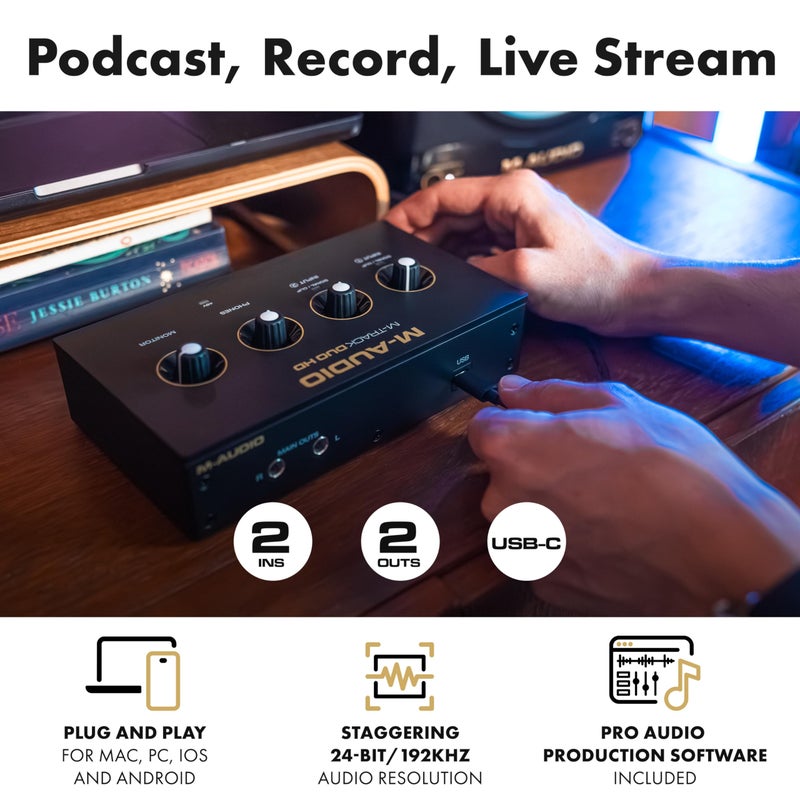 M-AUDIO M-Track Duo HD Audio Interface 24bit 192kHz for Recording, Streaming, Podcasting with USB-C, 2 XLR TRS Inputs, 2 TRS Outputs, Software Suite - Image 2