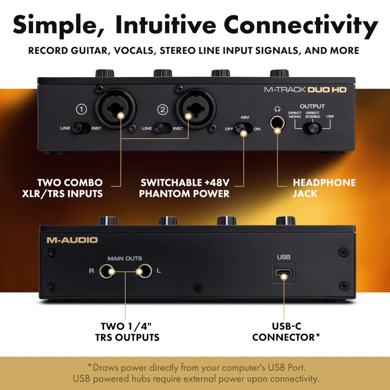 M-AUDIO M-Track Duo HD Audio Interface 24bit 192kHz for Recording, Streaming, Podcasting with USB-C, 2 XLR TRS Inputs, 2 TRS Outputs, Software Suite - Image 4