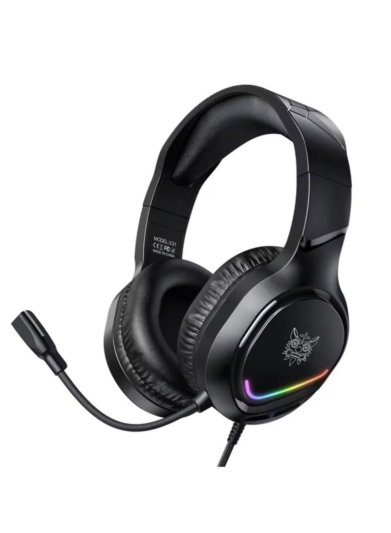أونيكوما سماعة رأس سلكية X31 مع إضاءة RGB ملونة وصوت محيطي مع ميكروفون وإلغاء الضوضاء لألعاب الكمبيوتر - Image 1