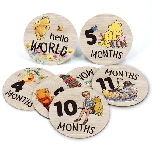 PAMBO The Winnie Baby Bear Month Milestone Circles, Wooden Discs Stuff for Baby Photo Takens with Hello World Name Signs - 7Pcs Double Sided Signs for Documenting Growth - Image 1