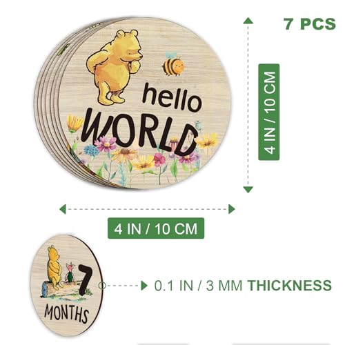 PAMBO The Winnie Baby Bear Month Milestone Circles, Wooden Discs Stuff for Baby Photo Takens with Hello World Name Signs - 7Pcs Double Sided Signs for Documenting Growth - Image 3