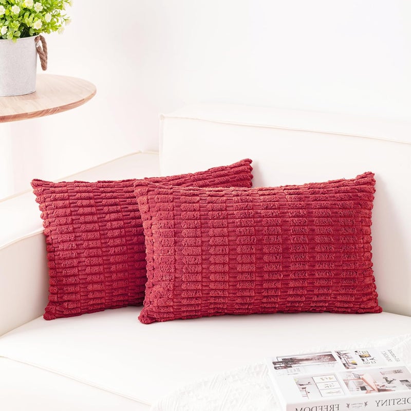Aegero Pack of 2 Corduroy Decorative Throw Pillow Covers 12x20 InchSoft Boho Striped Pillow Covers Modern Farmhouse Home Decor for Sofa Living Room Couch Bed（Cranberry Red） - Image 1