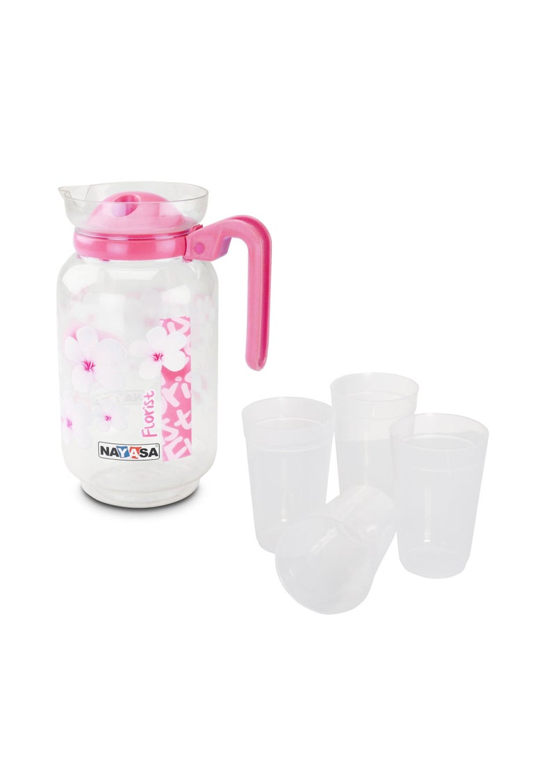 NAYASA 2000ml BPA-Free Plastic Daily Jug 2000ml Printed With 4 Glasses In Floral Design, Water Pitcher Drinkware Set For Serving Juice And Cold Beverages At Home Or Office - Image 1