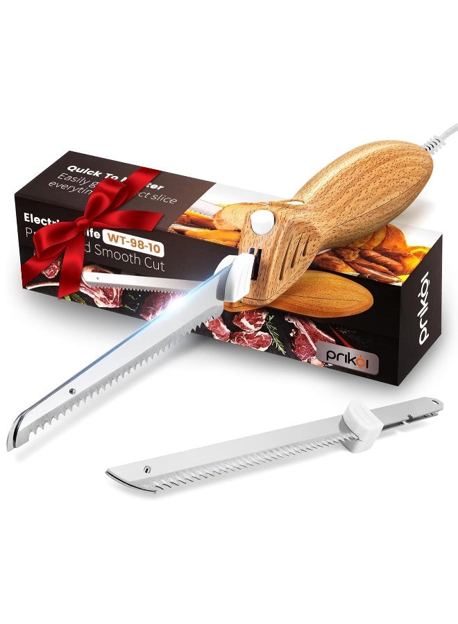 Prikoi Electric Knife EasySlice Serrated Edge Blades Carving Set for Meat Bread Turkey Ribs Fillet DIY Ergonomic Handle 2 Blades for Raw Cooked FoodFaux Wood