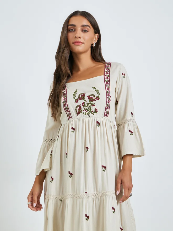 ستايلي Styli Cream Embroidered Tiered Maxi Dress