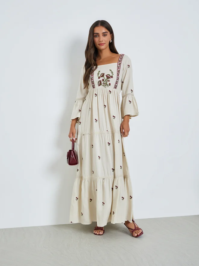 Styli Cream Embroidered Tiered Maxi Dress