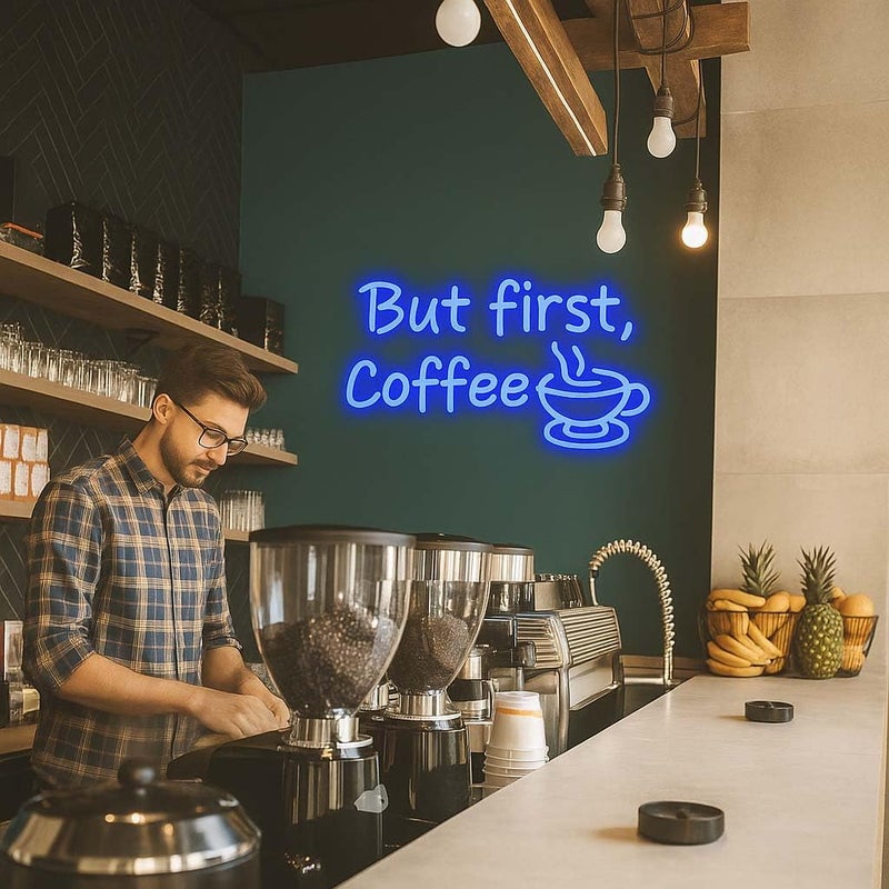 Horoof Home But First, Coffee Neon Sign - 40x24.7cm Blue LED Wall Light for Kitchen, Cafe, and Office Decor - Image 2